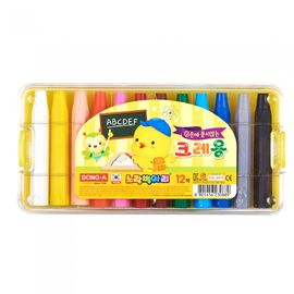 DONG-A Yellow Chick Non-Smudge Crayons 12 Colors | Clear Travel Case | ACMI, CE, KC Certified Safety | Clean Hands Art | Made in Korea