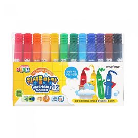 MUNHWA DEOJON Kids Washable Marker Set (12 Colors) | Versatile Conical Tip (2-4mm) | Easy Clean from Skin & Clothes | Made in Korea