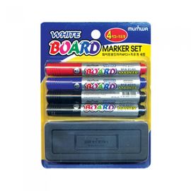 MUNHWA Whiteboard Marker 4-Pack & Eraser Set | 2.5mm Bullet Tip | Black(2)+Blue+Red | Felt Eraser Included | Made in Korea