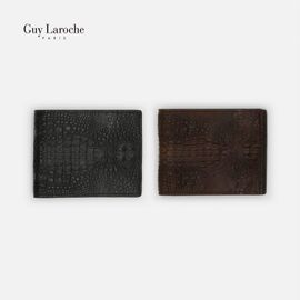 Guy Laroche Premium Caiman Crocodile Leather Bi-fold Wallet 300-068-70 | Genuine Exotic Leather | Cowhide Interior | 8 Slots | Black & Dark Brown